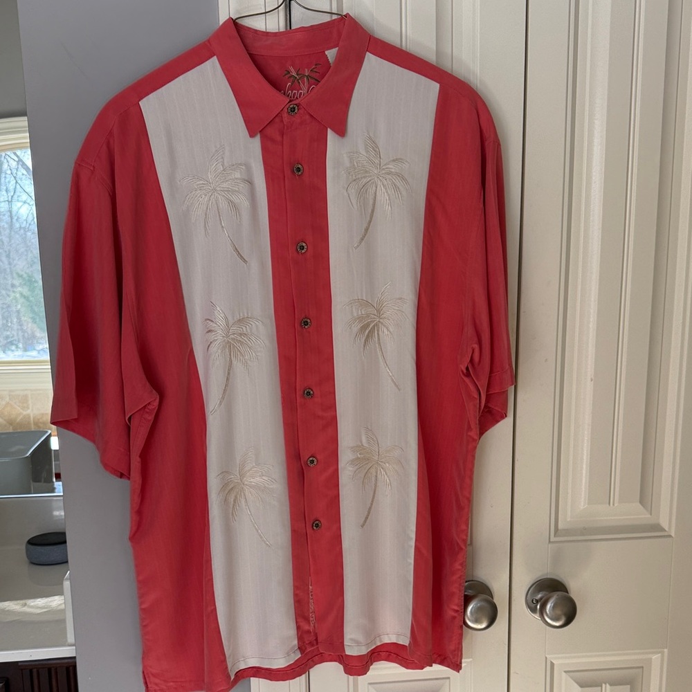 BAMBOO CAY men’s coral and white Palm Embroidered Men's Shirt